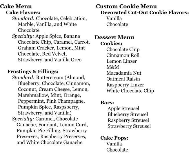 Bakery Menu